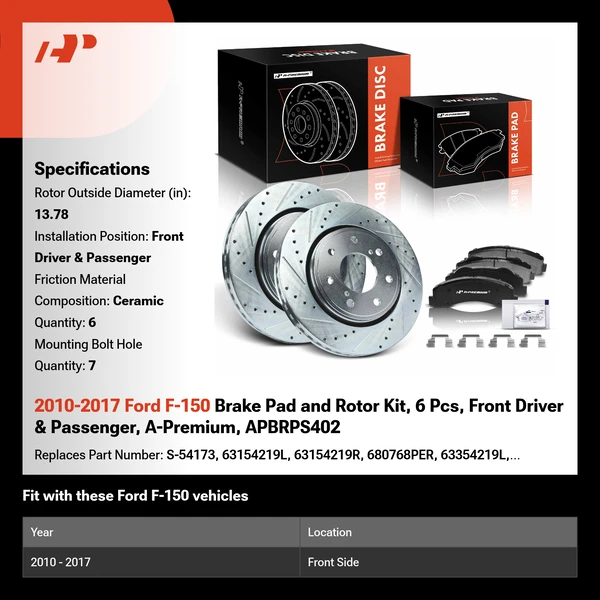 2010-2017 Ford F-150 Brake Pad and Rotor Kit, 6 Pcs, Front Driver & Passenger, A-Premium, APBRPS402