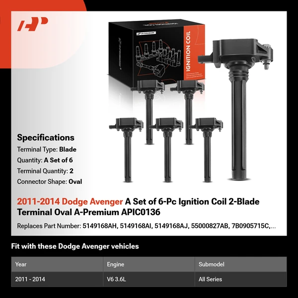 2011-2014 Dodge Avenger A Set of 6-Pc Ignition Coil 2-Blade Terminal Oval A-Premium APIC0136