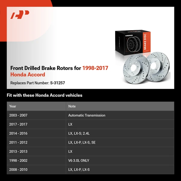 Front Drilled Brake Rotors for 1998-2017 Honda Accord