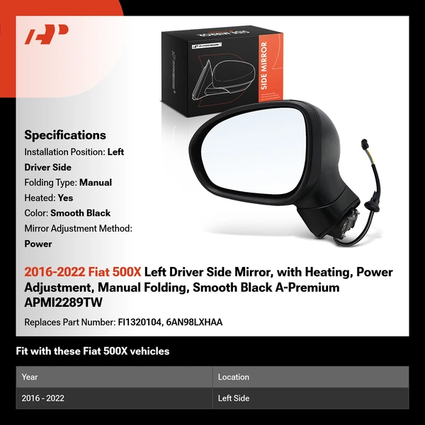 2016-2022 Fiat 500X Left Driver Side Mirror, with Heating, Power Adjustment, Manual Folding, Smooth Black A-Premium APMI2289TW