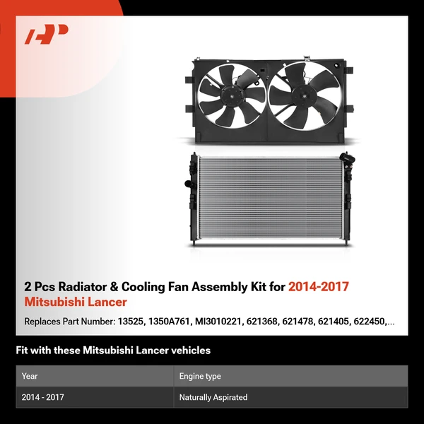2 Pcs Radiator & Cooling Fan Assembly Kit for 2014-2017 Mitsubishi Lancer