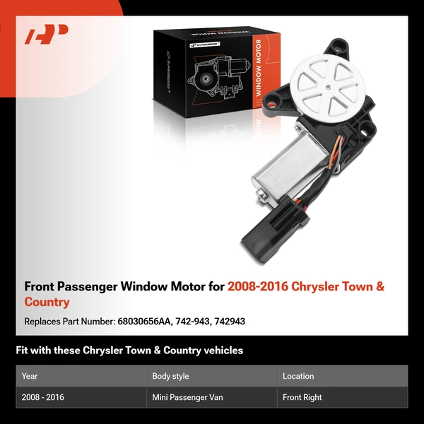 Front Passenger Window Motor for 2008-2016 Chrysler Town & Country