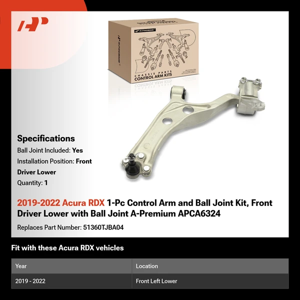 2019-2022 Acura RDX 1-Pc Control Arm and Ball Joint Kit, Front Driver Lower with Ball Joint A-Premium APCA6324