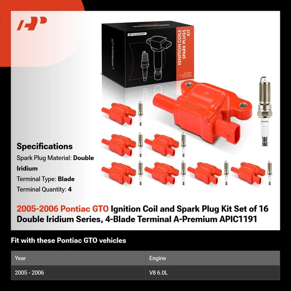 2005-2006 Pontiac GTO Ignition Coil and Spark Plug Kit Set of 16 Double Iridium Series, 4-Blade Terminal A-Premium APIC1191