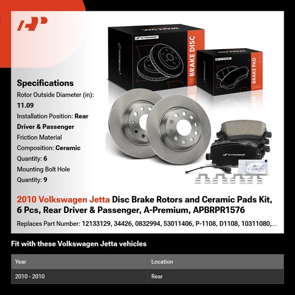 2010 Volkswagen Jetta Disc Brake Rotors and Ceramic Pads Kit, 6 Pcs, Rear Driver & Passenger, A-Premium, APBRPR1576