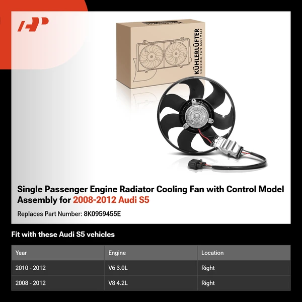 Single Passenger Engine Radiator Cooling Fan with Control Model Assembly for 2008-2012 Audi S5