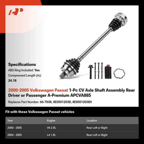 2000-2005 Volkswagen Passat 1-Pc CV Axle Shaft Assembly Rear Driver or Passenger A-Premium APCVA885
