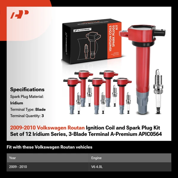 2009-2010 Volkswagen Routan Ignition Coil and Spark Plug Kit Set of 12 Iridium Series, 3-Blade Terminal A-Premium APIC0564