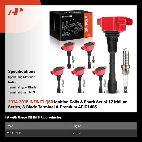 2014-2015 INFINITI Q50 Ignition Coils & Spark Set of 12 Iridium Series, 3-Blade Terminal A-Premium APIC1405