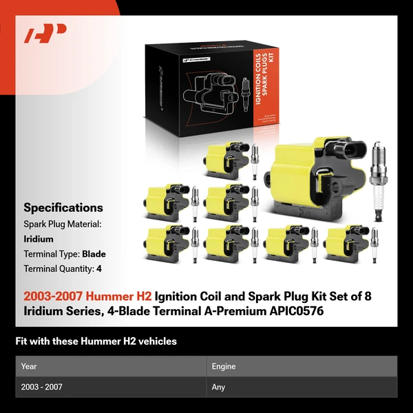 2003-2007 Hummer H2 Ignition Coil and Spark Plug Kit Set of 8 Iridium Series, 4-Blade Terminal A-Premium APIC0576
