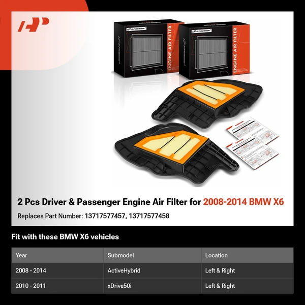 2 Pcs Driver & Passenger Engine Air Filter for 2008-2014 BMW X6