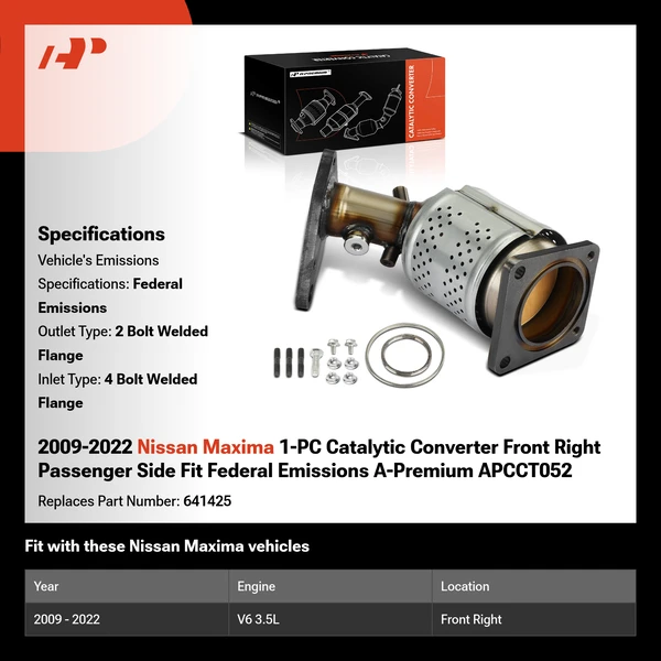 2009-2022 Nissan Maxima 1-PC Catalytic Converter Front Right Passenger Side Fit Federal Emissions A-Premium APCCT052