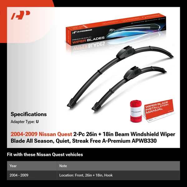 2004-2009 Nissan Quest 2-Pc 26in + 18in Beam Windshield Wiper Blade All Season, Quiet, Streak Free A-Premium APWB330