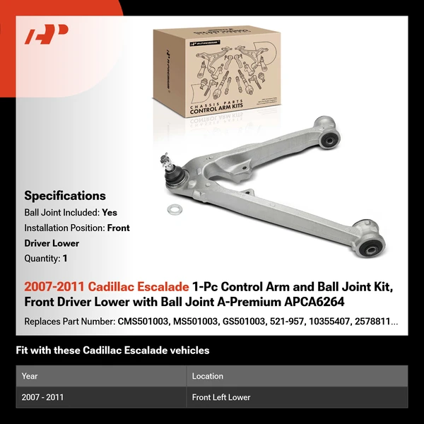 2007-2011 Cadillac Escalade 1-Pc Control Arm and Ball Joint Kit, Front Driver Lower with Ball Joint A-Premium APCA6264