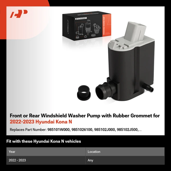 Front or Rear Windshield Washer Pump with Rubber Grommet for 2022-2023 Hyundai Kona N
