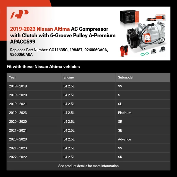 2019-2023 Nissan Altima AC Compressor with Clutch with 6-Groove Pulley A-Premium APACC599