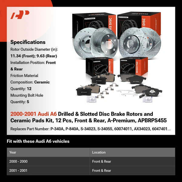 2000-2001 Audi A6 Drilled & Slotted Disc Brake Rotors and Ceramic Pads Kit, 12 Pcs, Front & Rear, A-Premium, APBRPS455