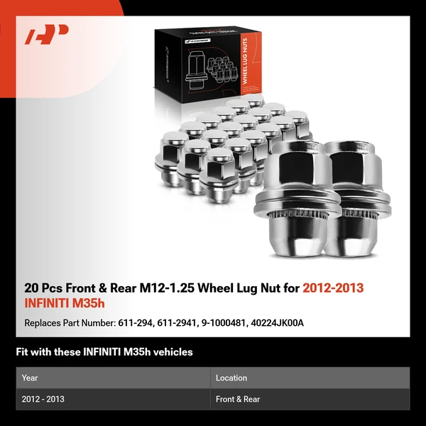 20 Pcs Front & Rear M12-1.25 Wheel Lug Nut for 2012-2013 INFINITI M35h