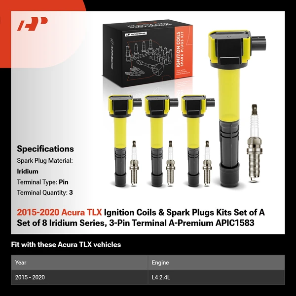 2015-2020 Acura TLX Ignition Coils & Spark Plugs Kits Set of A Set of 8 Iridium Series, 3-Pin Terminal A-Premium APIC1583
