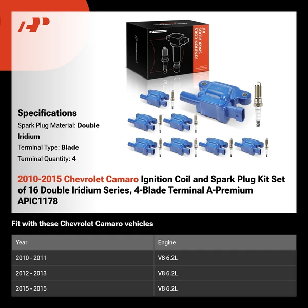 2010-2015 Chevrolet Camaro Ignition Coil and Spark Plug Kit Set of 16 Double Iridium Series, 4-Blade Terminal A-Premium APIC1178