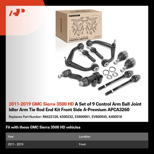 2011-2019 GMC Sierra 3500 HD A Set of 9 Control Arm Ball Joint Idler Arm Tie Rod End Kit Front Side A-Premium APCA3260