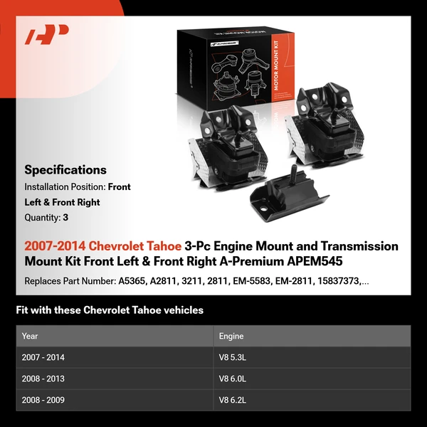 2007-2014 Chevrolet Tahoe 3-Pc Engine Mount and Transmission Mount Kit Front Left & Front Right A-Premium APEM545