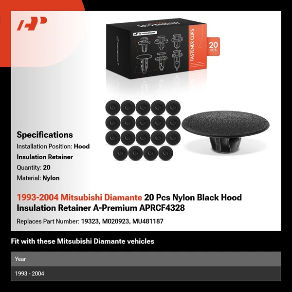 1993-2004 Mitsubishi Diamante 20 Pcs Nylon Black Hood Insulation Retainer A-Premium APRCF4328