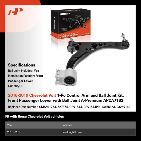 2016-2019 Chevrolet Volt 1-Pc Control Arm and Ball Joint Kit, Front Passenger Lower with Ball Joint A-Premium APCA7182