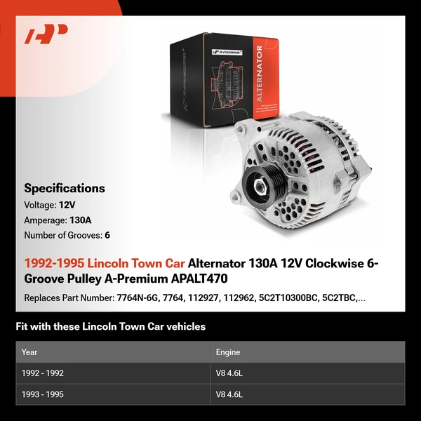 1992-1995 Lincoln Town Car Alternator 130A 12V Clockwise 6-Groove Pulley A-Premium APALT470