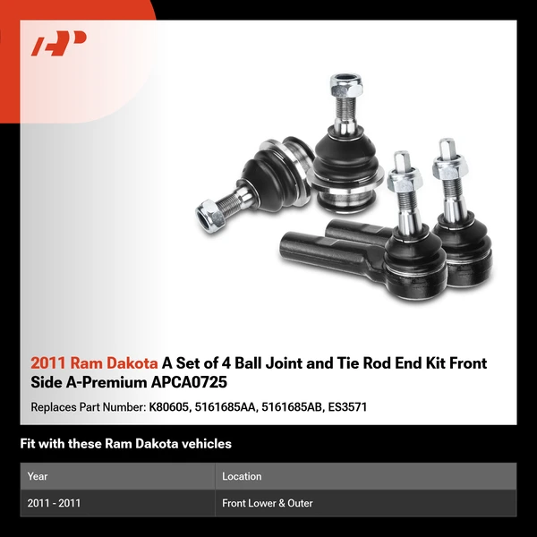 2011 Ram Dakota A Set of 4 Ball Joint and Tie Rod End Kit Front Side A-Premium APCA0725