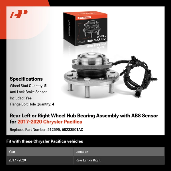 Rear Left or Right Wheel Hub Bearing Assembly with ABS Sensor for 2017-2020 Chrysler Pacifica