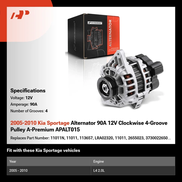 2005-2010 Kia Sportage Alternator 90A 12V Clockwise 4-Groove Pulley A-Premium APALT015