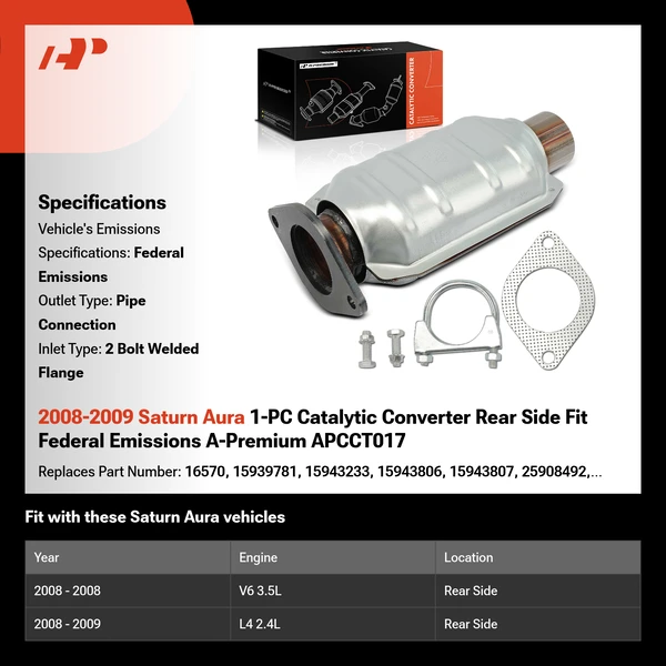 2008-2009 Saturn Aura 1-PC Catalytic Converter Rear Side Fit Federal Emissions A-Premium APCCT017