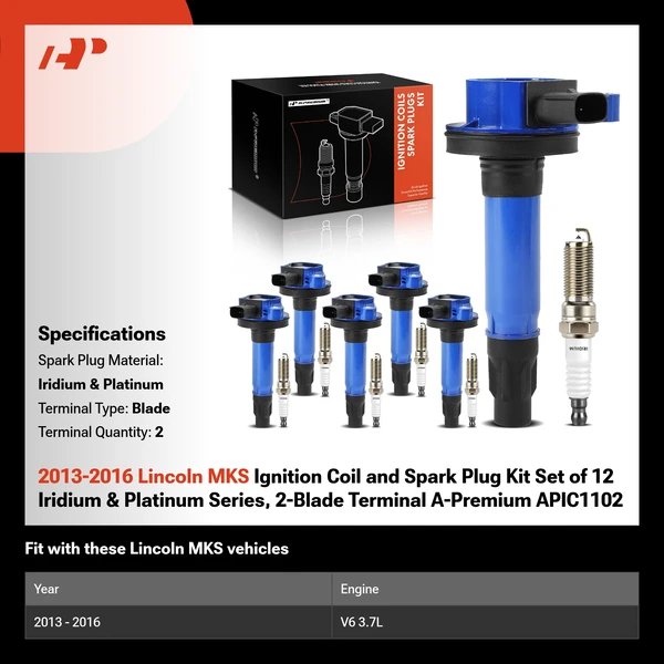 2013-2016 Lincoln MKS Ignition Coil and Spark Plug Kit Set of 12 Iridium & Platinum Series, 2-Blade Terminal A-Premium APIC1102