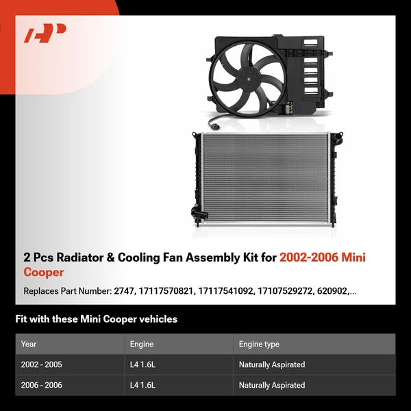 2 Pcs Radiator & Cooling Fan Assembly Kit for 2002-2006 Mini Cooper