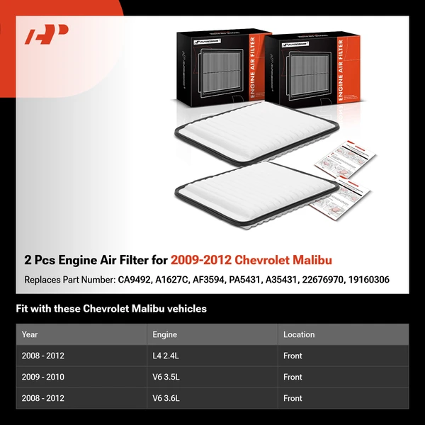 2 Pcs Engine Air Filter for 2009-2012 Chevrolet Malibu