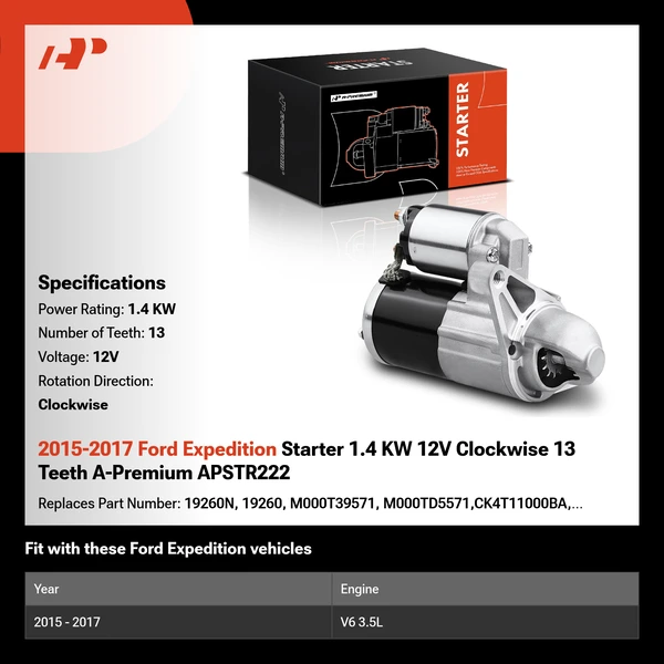 2015-2017 Ford Expedition Starter 1.4 KW 12V Clockwise 13 Teeth A-Premium APSTR222