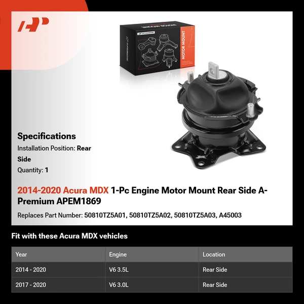 2014-2020 Acura MDX 1-Pc Engine Motor Mount Rear Side A-Premium APEM1869