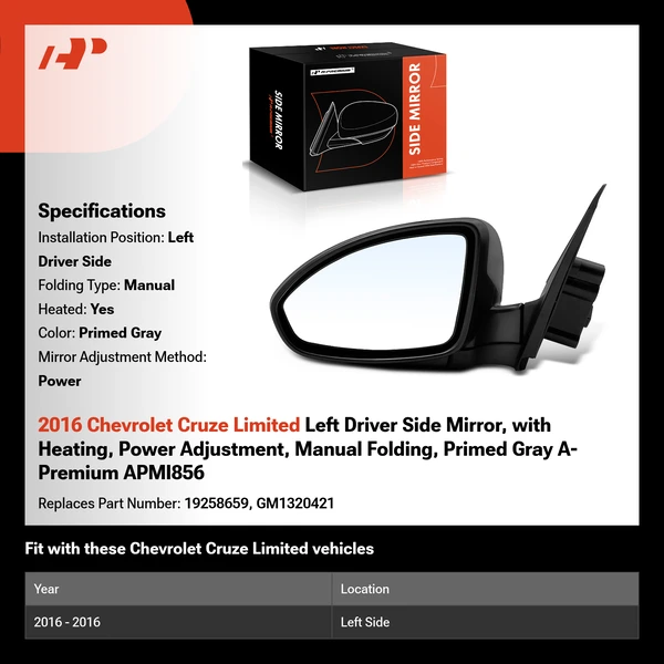 2016 Chevrolet Cruze Limited Left Driver Side Mirror, with Heating, Power Adjustment, Manual Folding, Primed Gray A-Premium APMI856