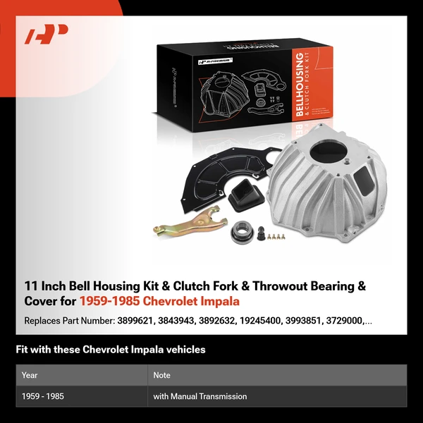 11 Inch Bell Housing Kit & Clutch Fork & Throwout Bearing & Cover for 1959-1985 Chevrolet Impala