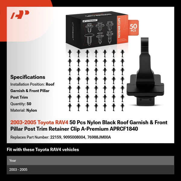2003-2005 Toyota RAV4 50 Pcs Nylon Black Roof Garnish & Front Pillar Post Trim Retainer Clip A-Premium APRCF1840