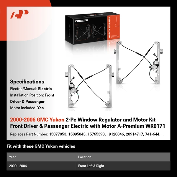 2000-2006 GMC Yukon 2-Pc Window Regulator and Motor Kit Front Driver & Passenger Electric with Motor A-Premium WR0171