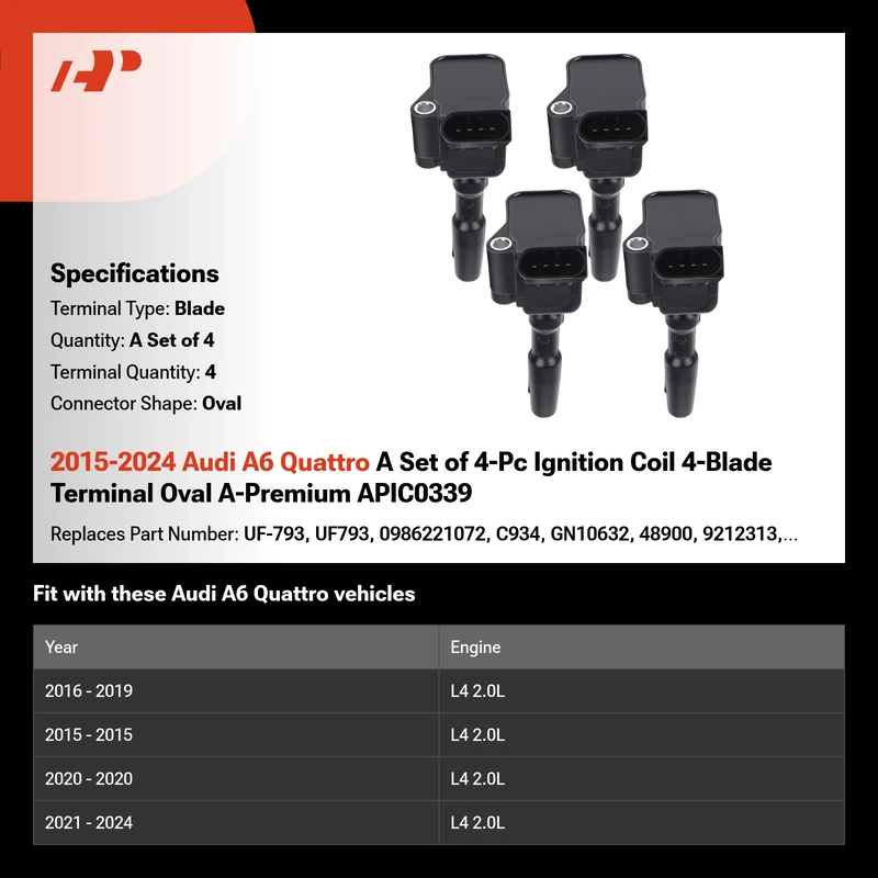 2015-2024 Audi A6 Quattro A Set of 4-Pc Ignition Coil 4-Blade Terminal Oval A-Premium APIC0339