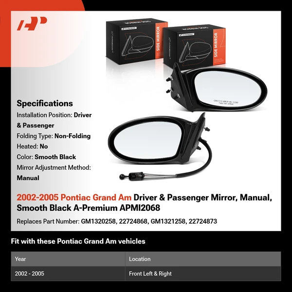 2002-2005 Pontiac Grand Am Driver & Passenger Mirror, Manual, Smooth Black A-Premium APMI2068