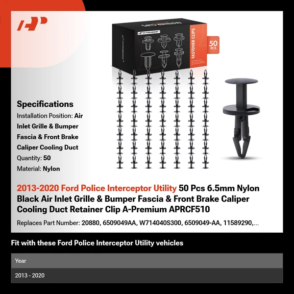 2013-2020 Ford Police Interceptor Utility 50 Pcs 6.5mm Nylon Black Air Inlet Grille & Bumper Fascia & Front Brake Caliper Cooling Duct Retainer Clip A-Premium APRCF510