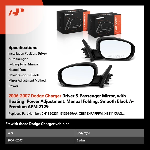 2006-2007 Dodge Charger Driver & Passenger Mirror, with Heating, Power Adjustment, Manual Folding, Smooth Black A-Premium APMI2129