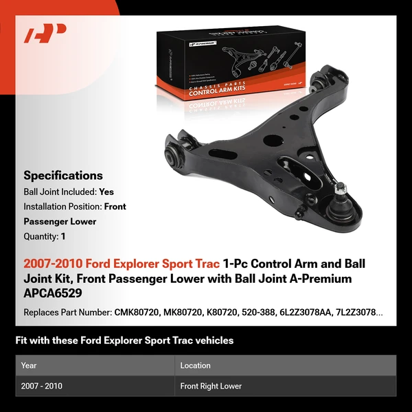 2007-2010 Ford Explorer Sport Trac 1-Pc Control Arm and Ball Joint Kit, Front Passenger Lower with Ball Joint A-Premium APCA6529