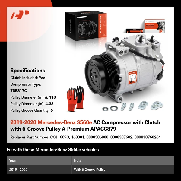 2019-2020 Mercedes-Benz S560e AC Compressor with Clutch with 6-Groove Pulley A-Premium APACC879