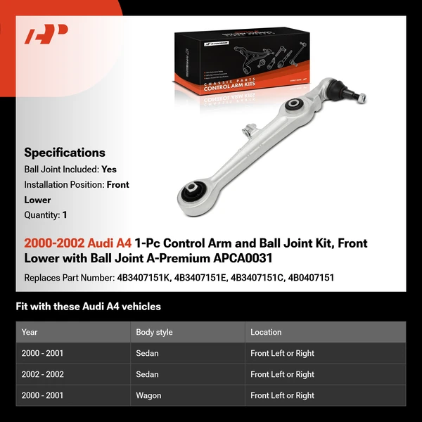 2000-2002 Audi A4 1-Pc Control Arm and Ball Joint Kit, Front Lower with Ball Joint A-Premium APCA0031