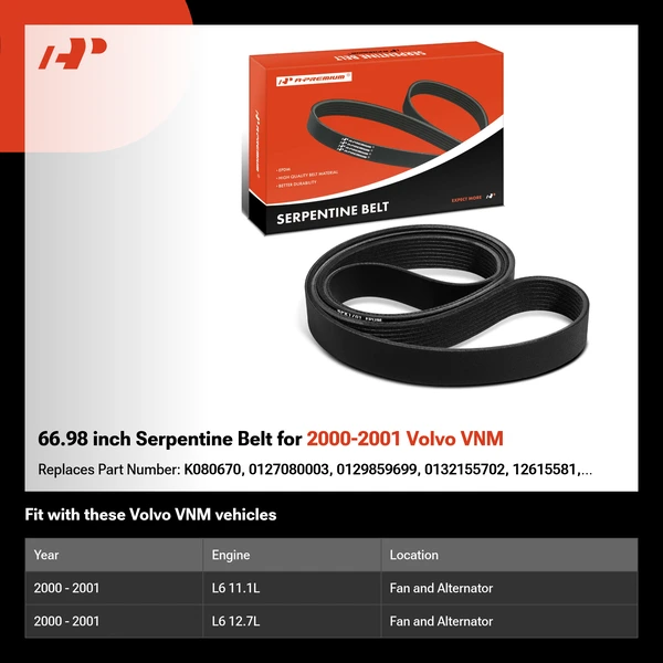 66.98 inch Serpentine Belt for 2000-2001 Volvo VNM